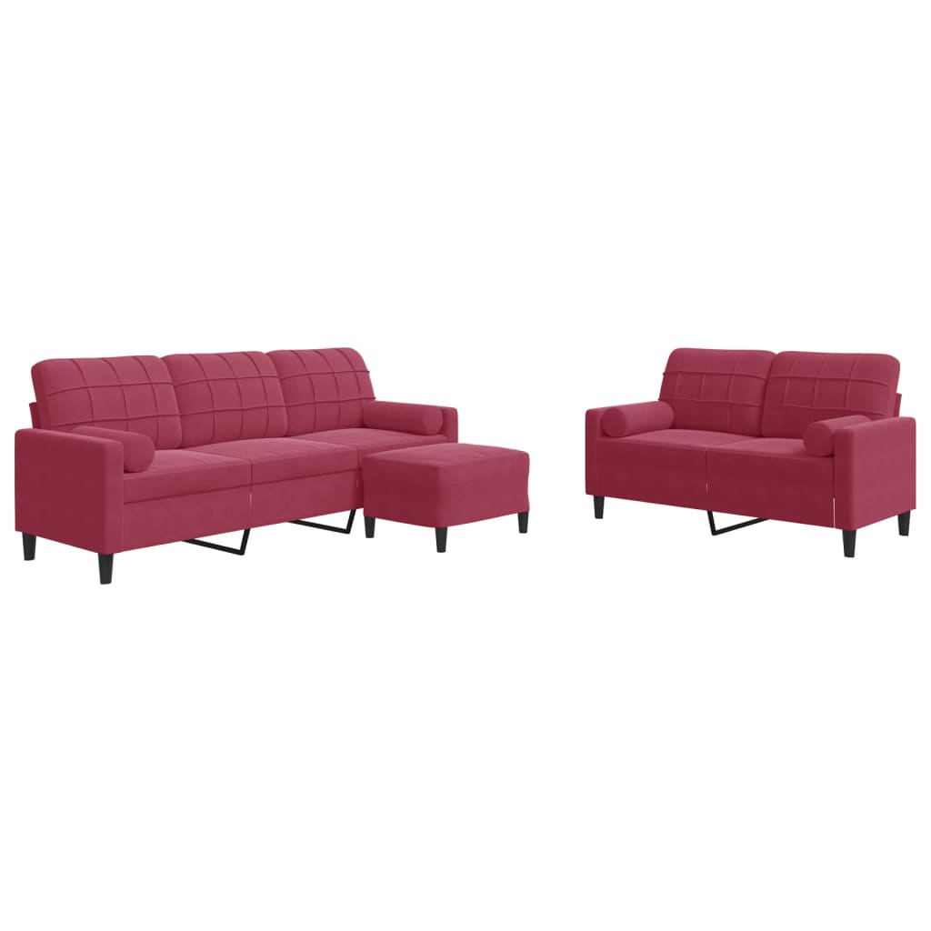 Set di Divani 3 pz con Cuscini e Rinforzi Rosso Vino in Velluto | homemem39