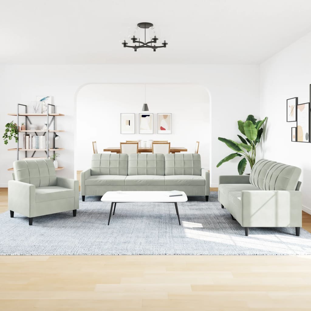 Set di Divani 3 pz con Cuscini Grigio Chiaro in Velluto | homemem39