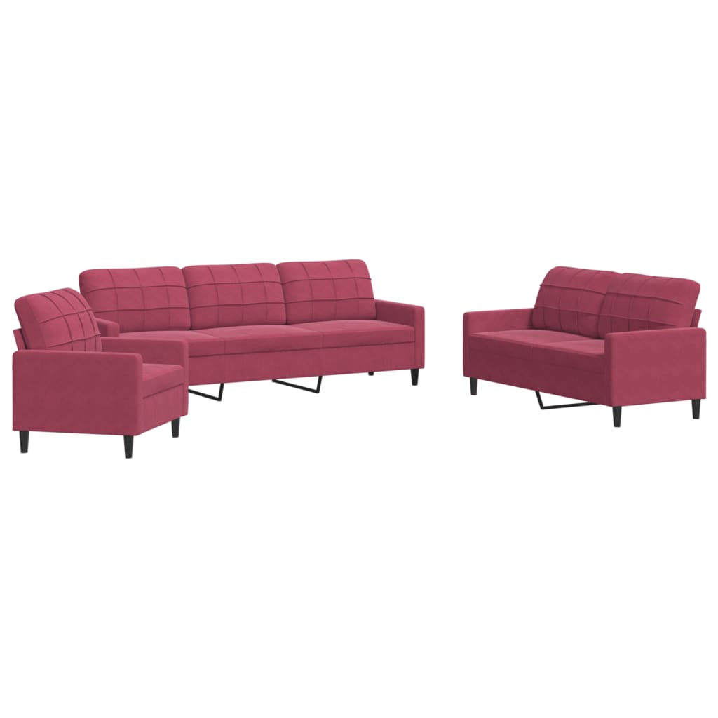 Set di Divani 3 pz con Cuscini Rosso Vino in Velluto - homemem39