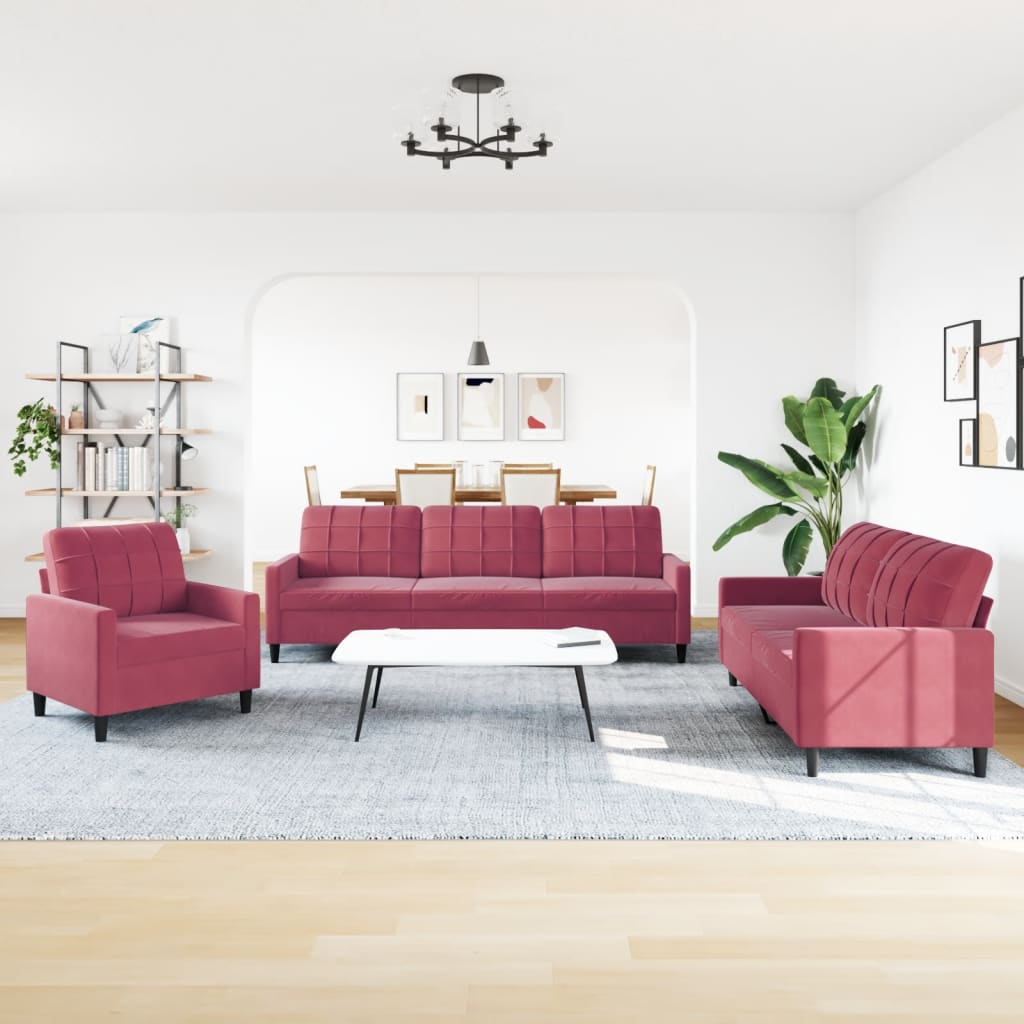 Set di Divani 3 pz con Cuscini Rosso Vino in Velluto | homemem39