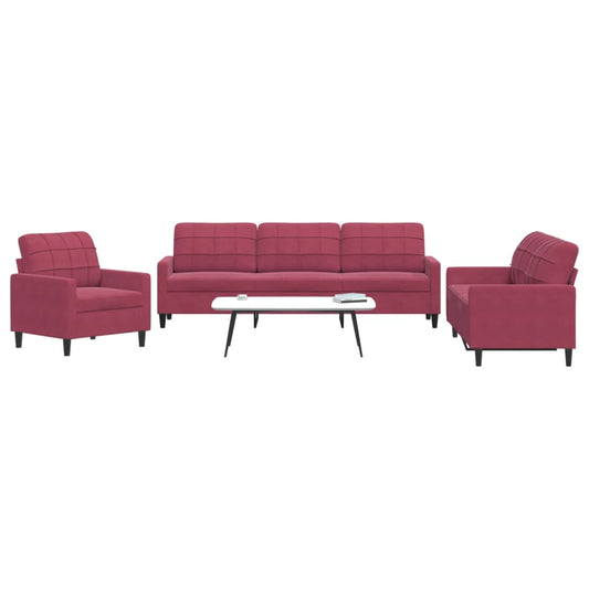 Set di Divani 3 pz con Cuscini Rosso Vino in Velluto - homemem39