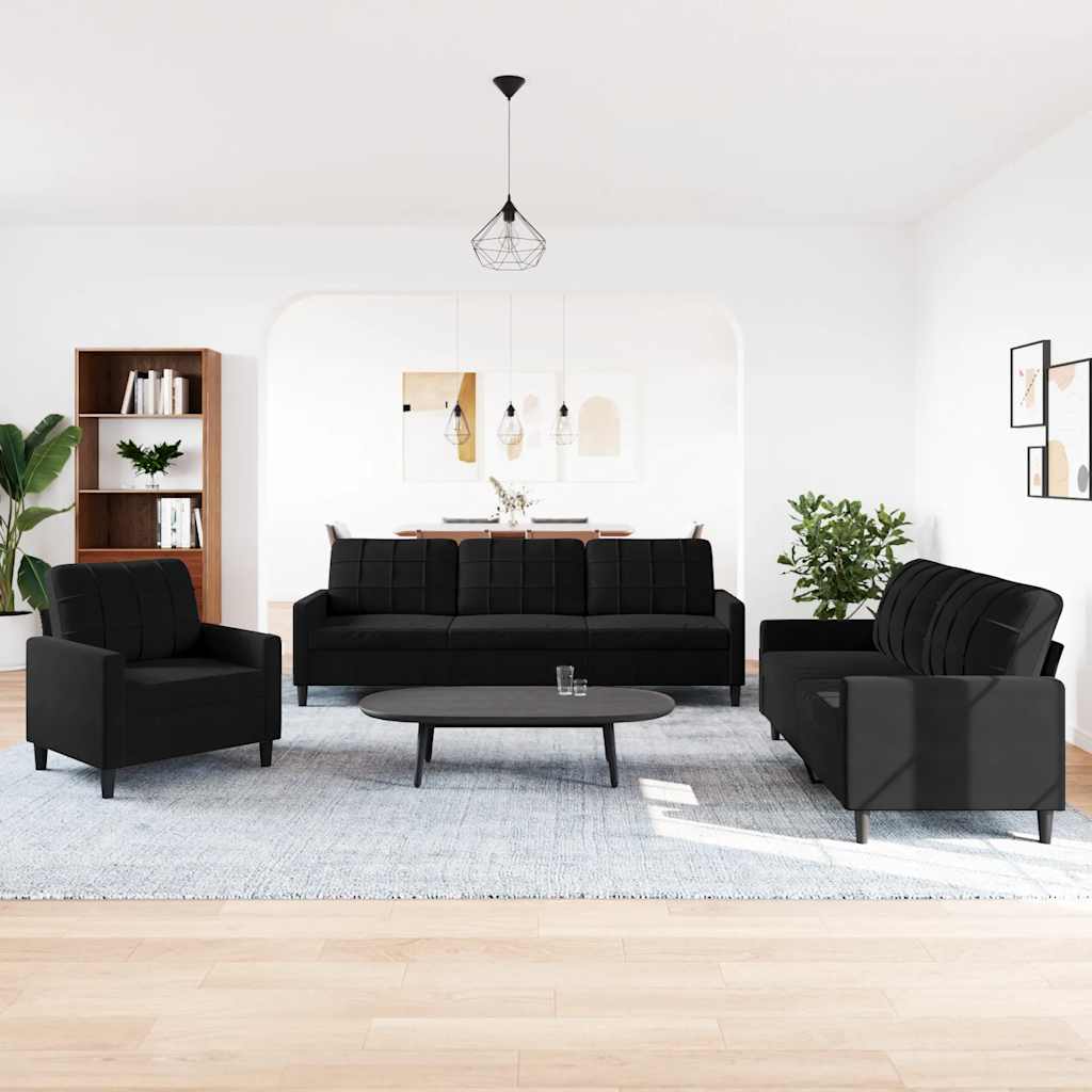 Set di Divani 3 pz con Cuscini Nero in Velluto | homemem39