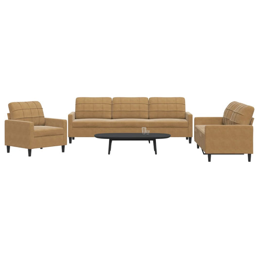 Set di Divani 3 pz con Cuscini Marrone in Velluto