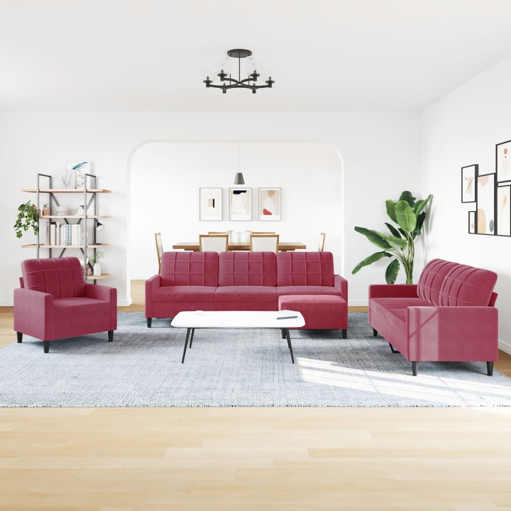 Set di Divani 4 pz con Cuscini Rosso Vino in Velluto - homemem39