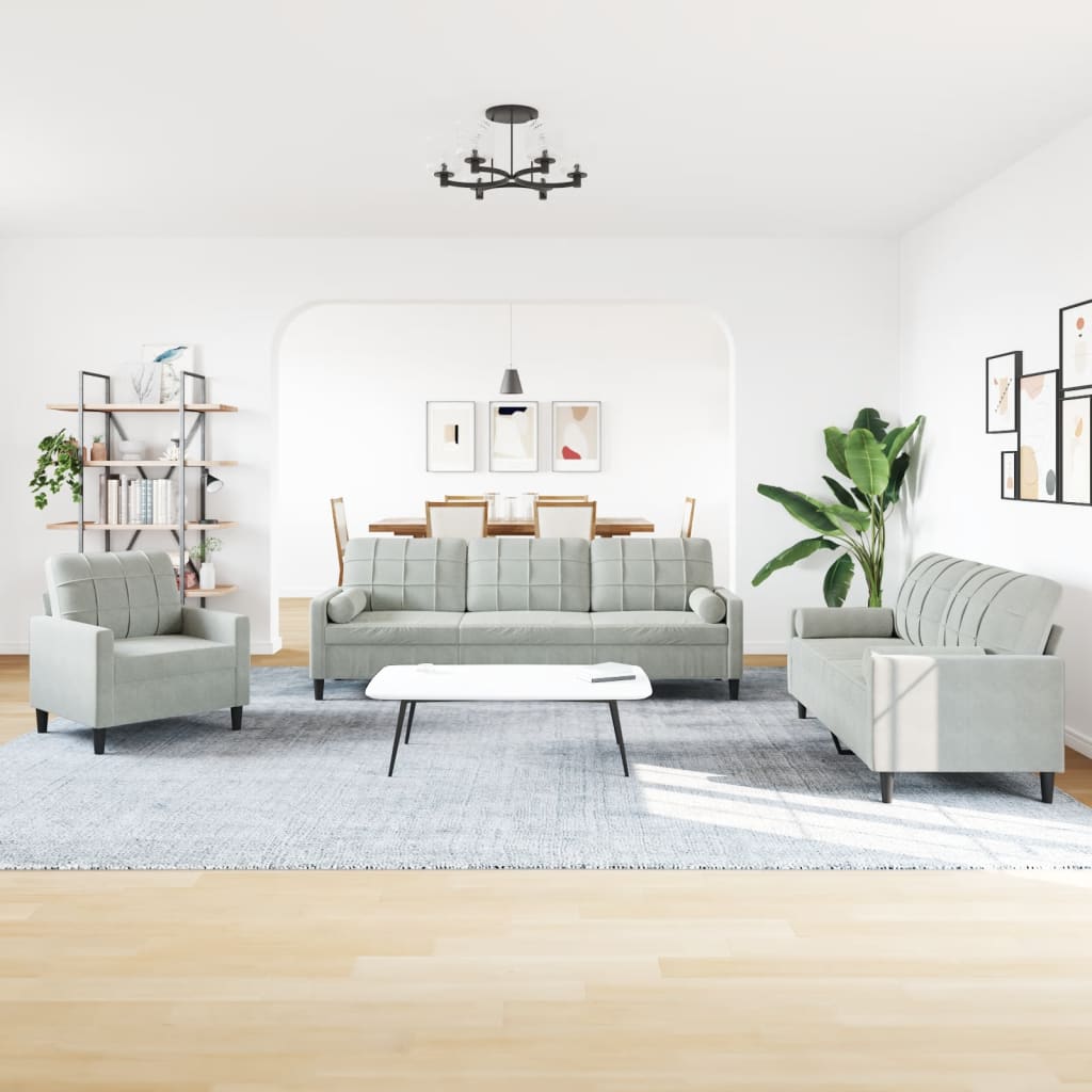 Set di Divani 3 pz con Cuscini e Rinforzi Grigio Chiaro Velluto | homemem39