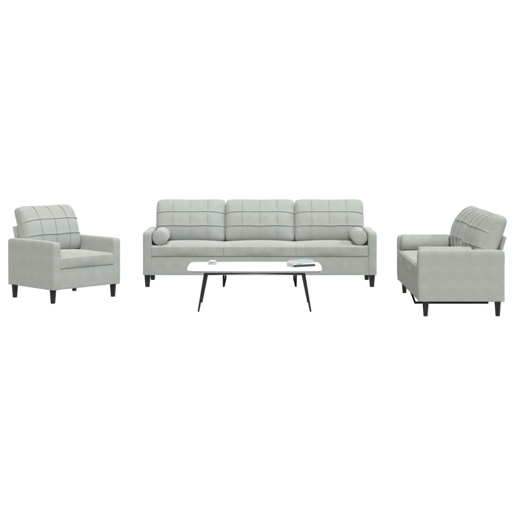 Set di Divani 3 pz con Cuscini e Rinforzi Grigio Chiaro Velluto | homemem39
