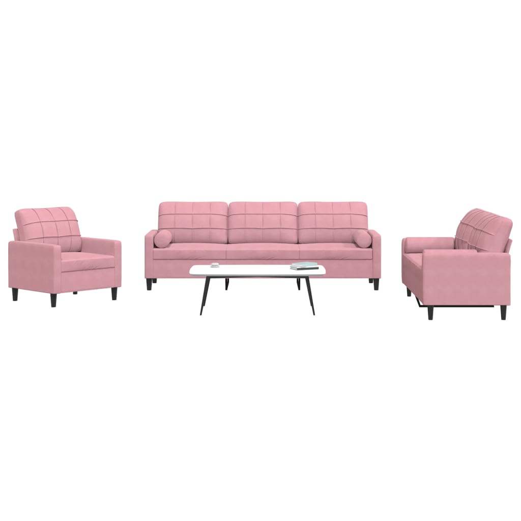 Set di Divani 3 pz con Cuscini e Rinforzi rosa in Velluto - homemem39