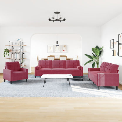 Set di Divani 3 pz con Cuscini e Rinforzi Rosso Vino in Velluto | homemem39