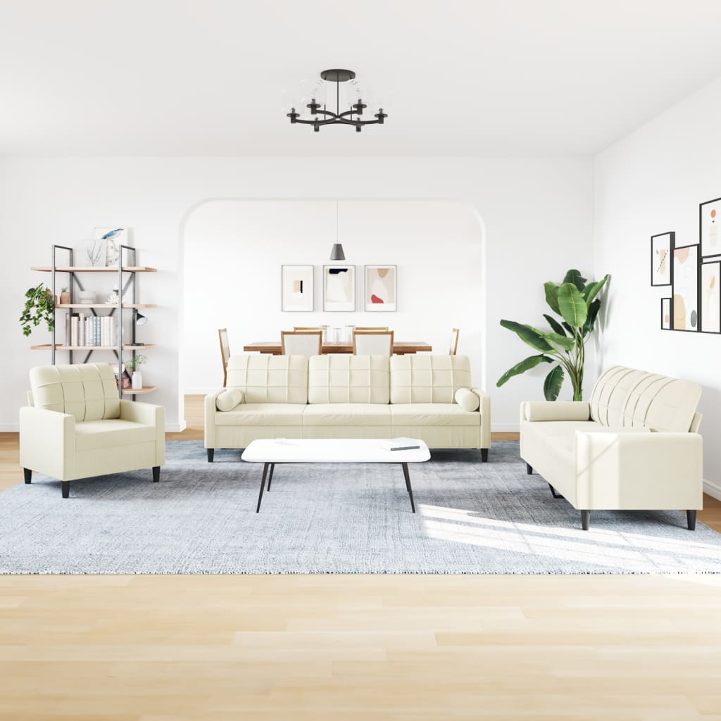 Set di Divani 3 pz con Cuscini e Rinforzi Crema in Velluto - homemem39