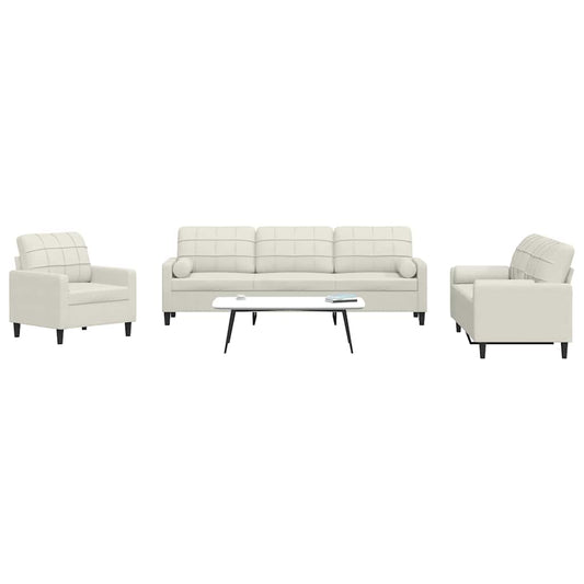 Set di Divani 3 pz con Cuscini e Rinforzi Crema in Velluto