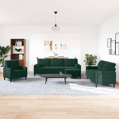 Set di Divani 4 pz con Cuscini e Rinforzi Verde scuro Velluto