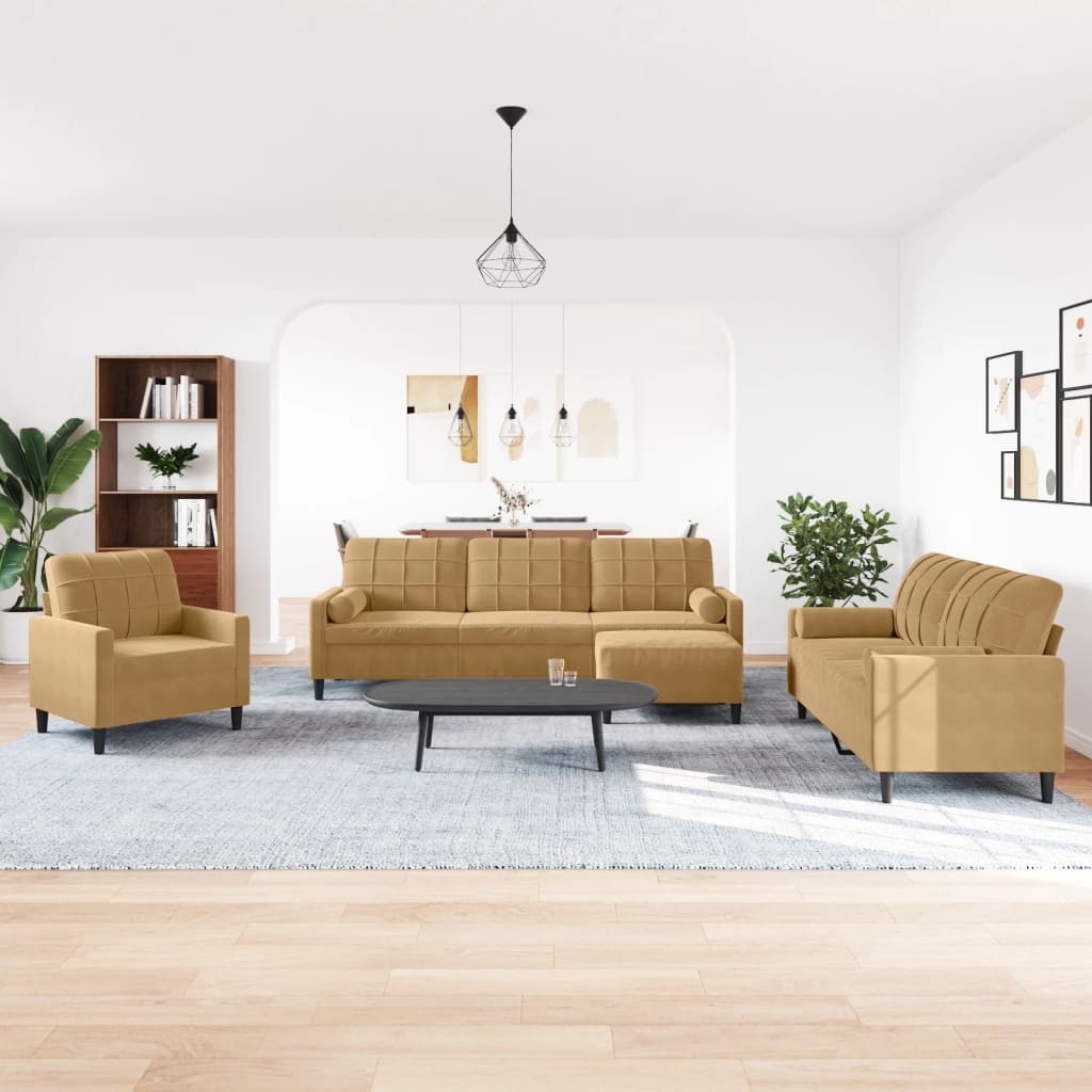 Set di Divani 4 pz con Cuscini e Rinforzi Marrone in Velluto