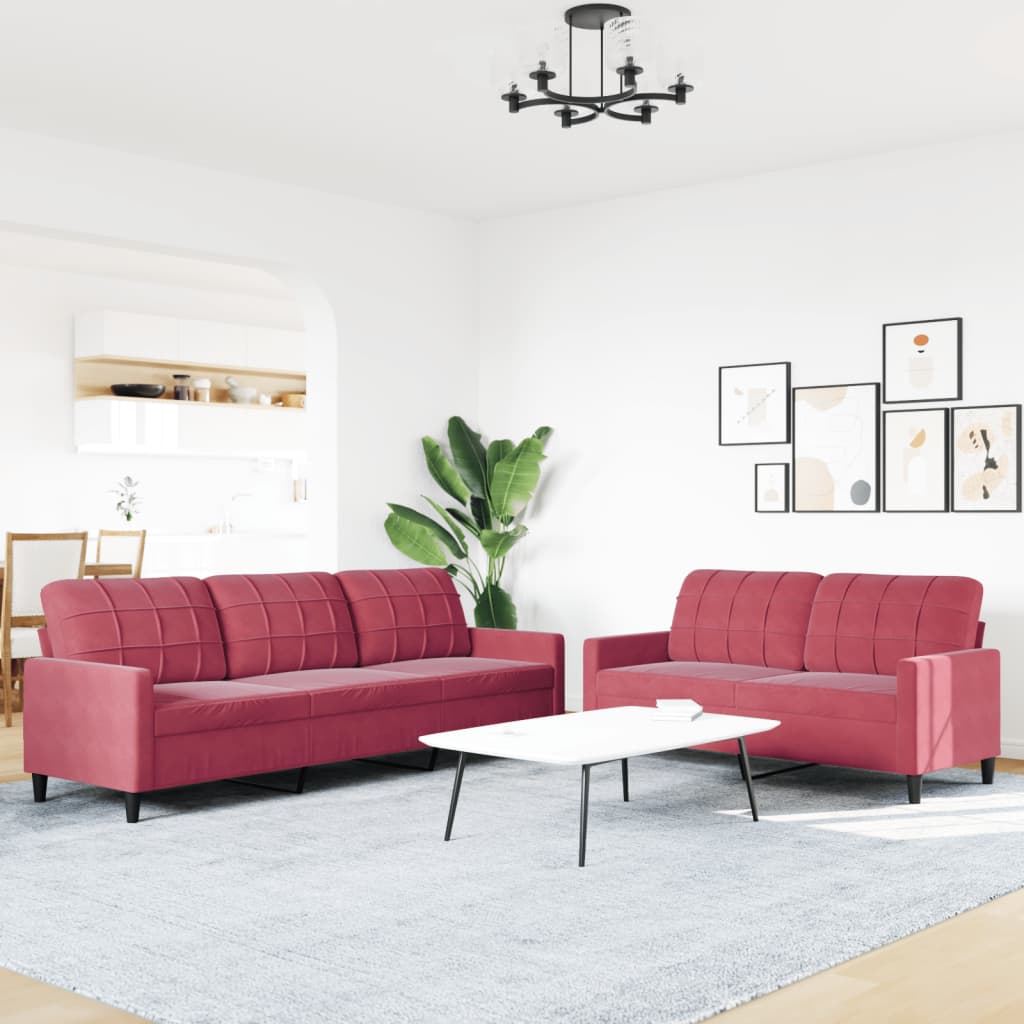 Set di Divani 2 pz con Cuscini Rosso Vino in Velluto | homemem39