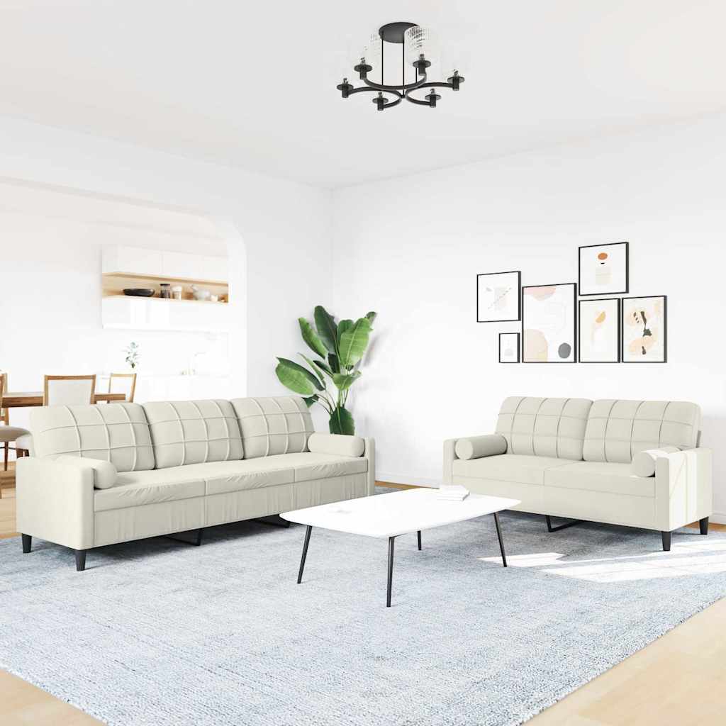 Set di Divani 2 pz con Cuscini e Rinforzi Crema in Velluto