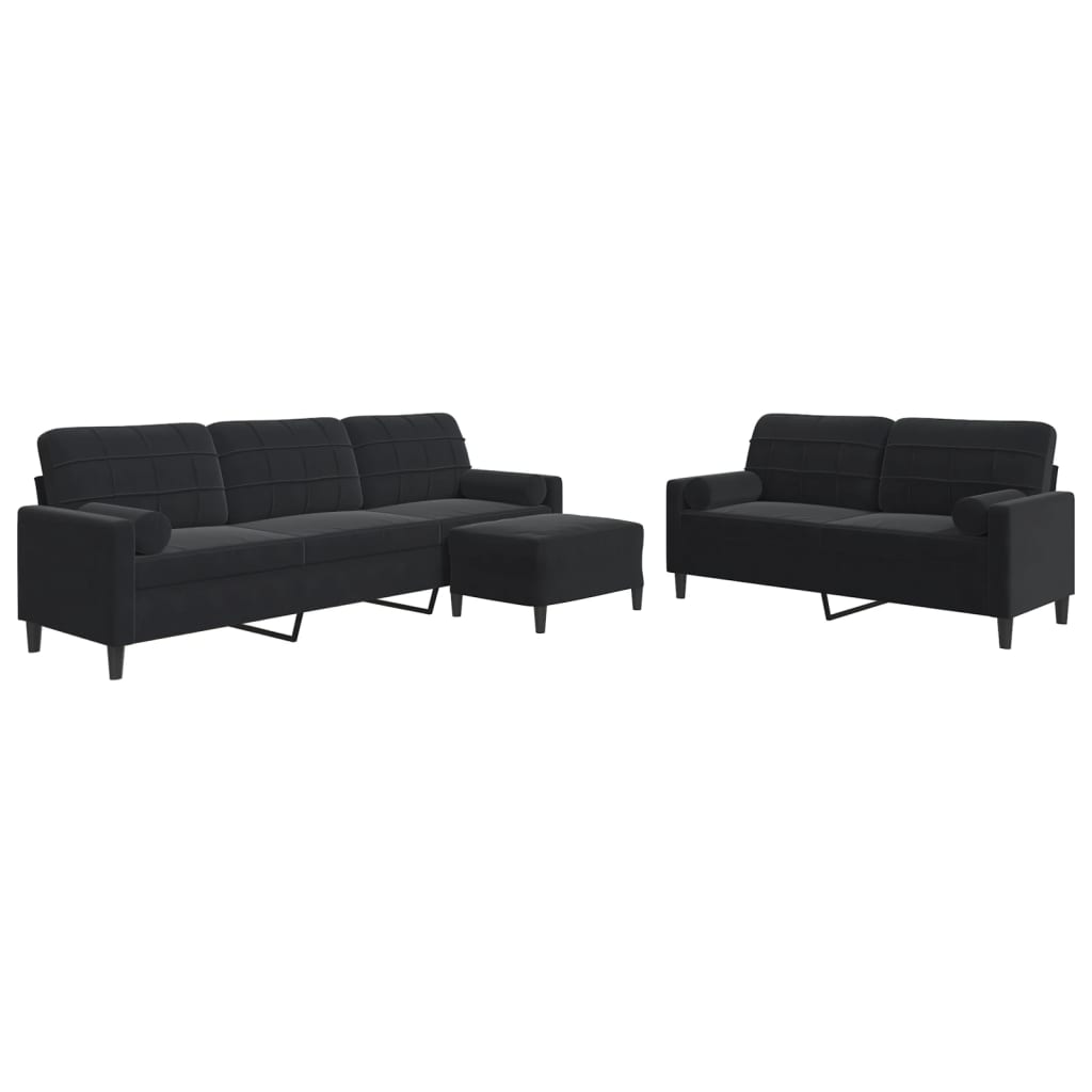Set di Divani 3 pz con Cuscini e Rinforzi Nero in Velluto