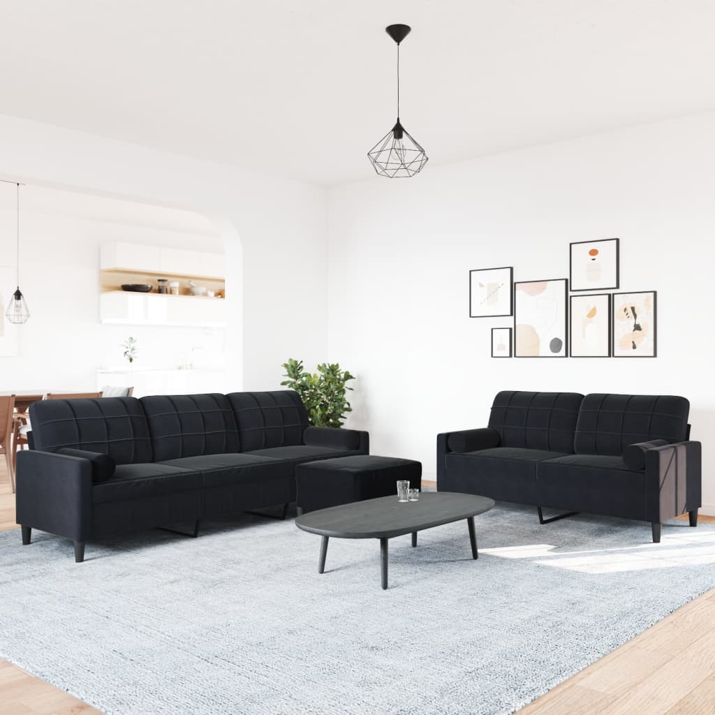Set di Divani 3 pz con Cuscini e Rinforzi Nero in Velluto