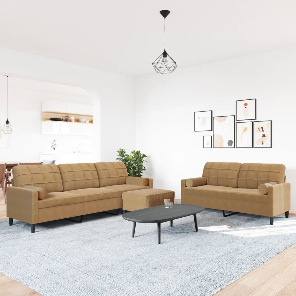 Set di Divani 3 pz con Cuscini e Rinforzi Marrone in Velluto