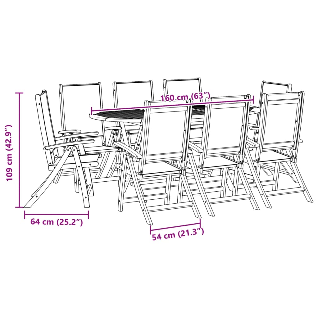 Set Pranzo da Giardino 9pz Legno Massello di Acacia e Textilene