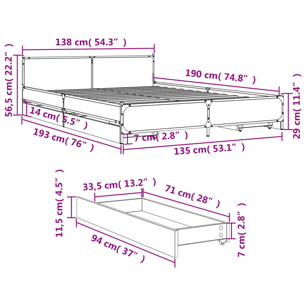 Giroletto con Cassetti Nero 135x190 cm in Legno Multistrato | homemem39