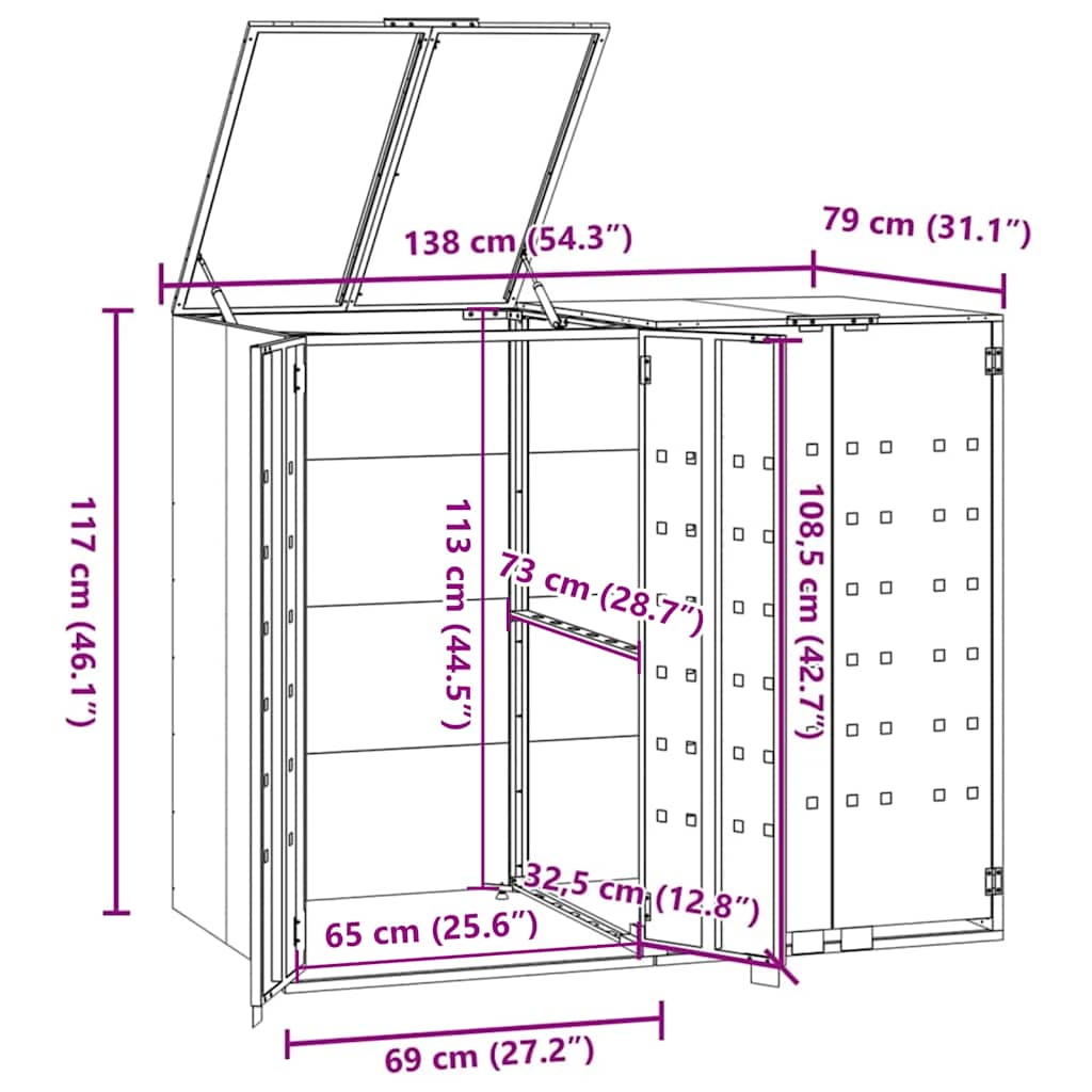 Copribidone con Ruote per 2 Bidoni Nera 138x79x117cm in Acciaio - homemem39