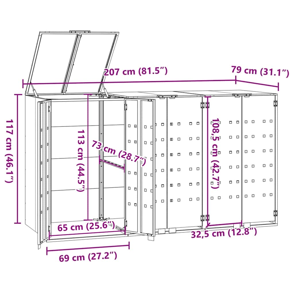 Copribidone con Ruote per 3 Bidoni Nera 207x79x117cm in Acciaio - homemem39