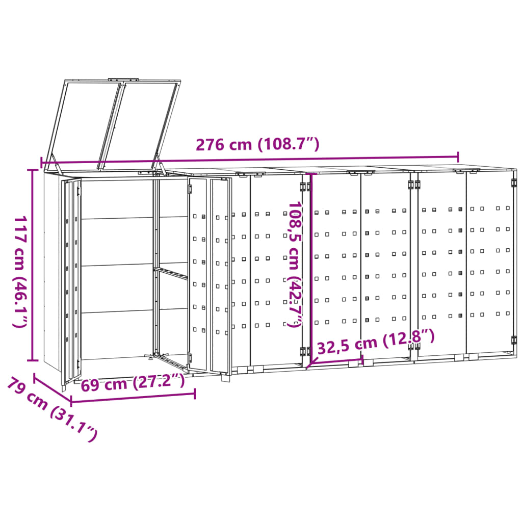 Copribidone con Ruote per 4 Bidoni Nera 276x79x117cm in Acciaio - homemem39