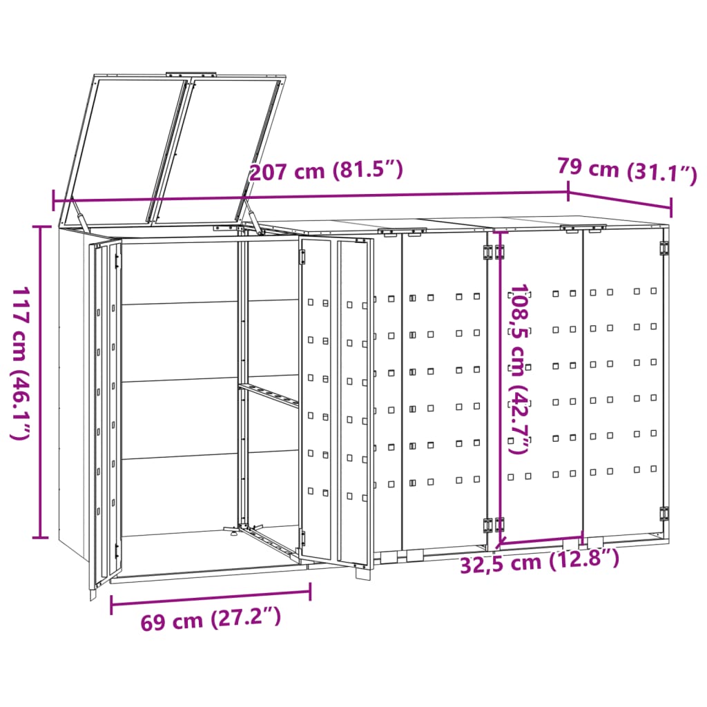 Copribidone con Ruote 3 Bidoni Antracite 207x79x117cm Acciaio - homemem39