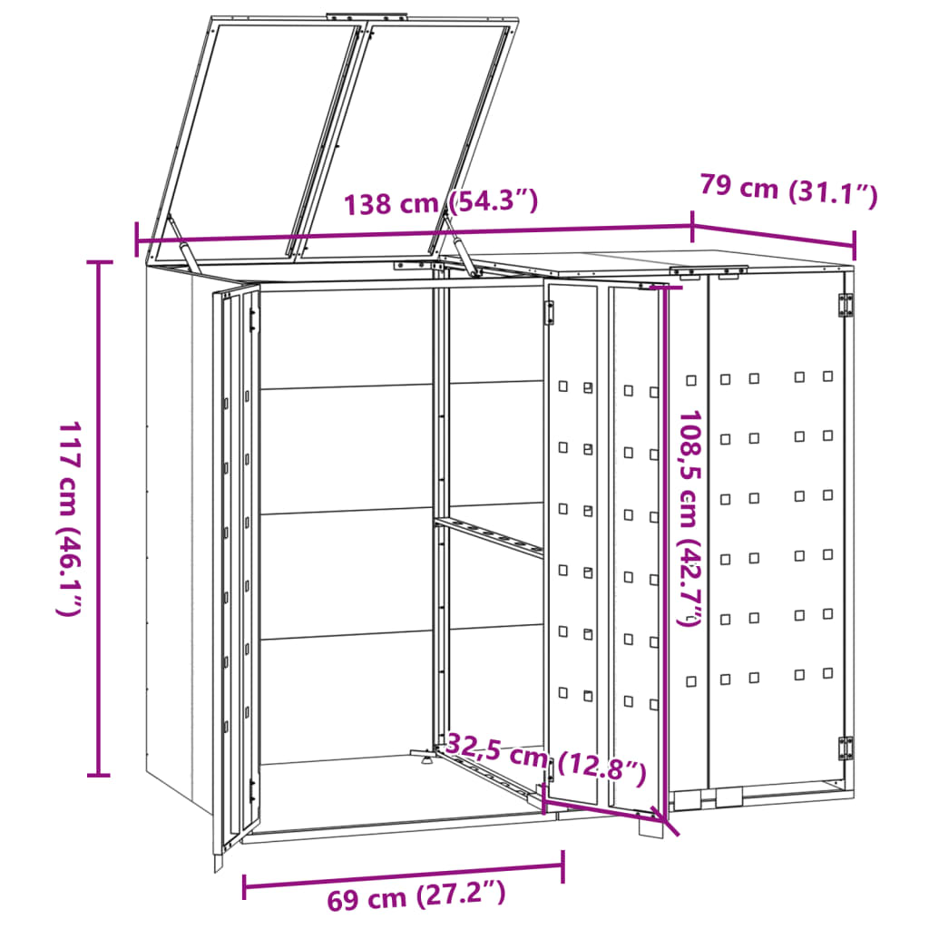 Copribidone con Ruote per 2 Bidoni Grigio 138x79x117cm Acciaio - homemem39