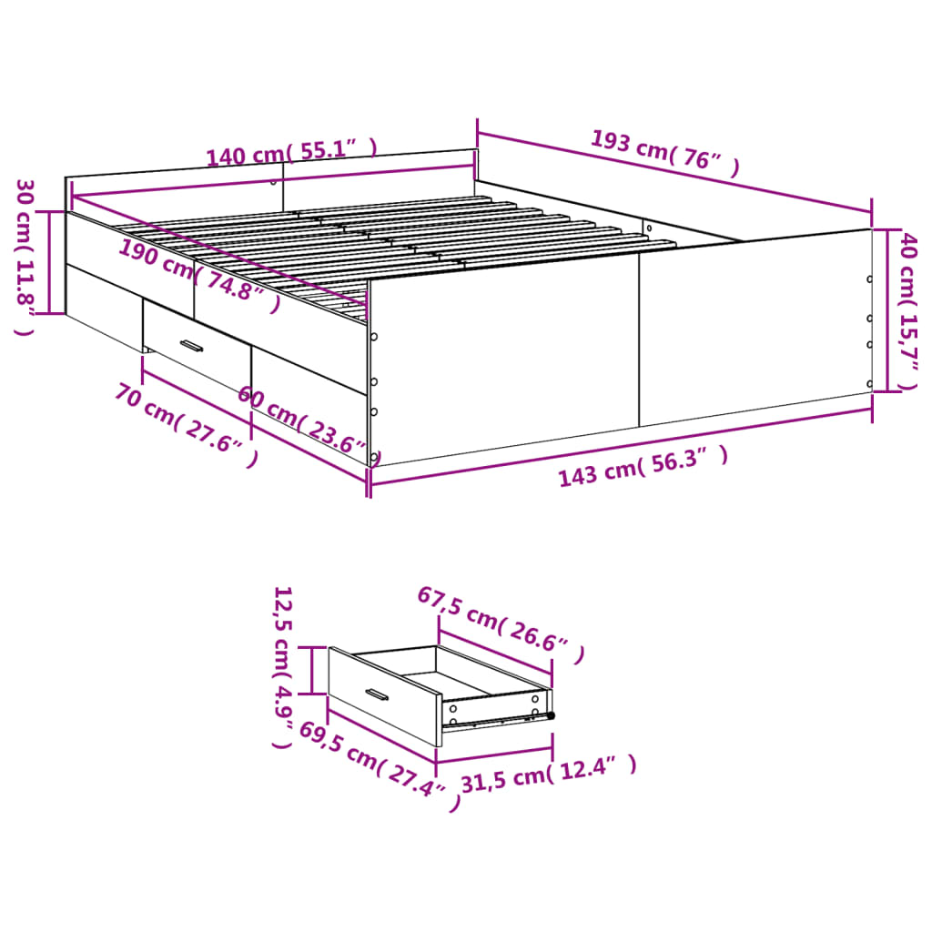 Giroletto con Cassetti Bianco 140x190 cm in Legno Multistrato | homemem39