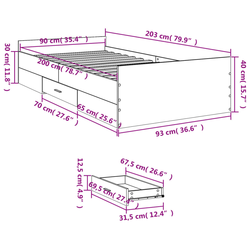 Giroletto Cassetti Rovere Sonoma 90x200 cm Legno Multistrato | homemem39