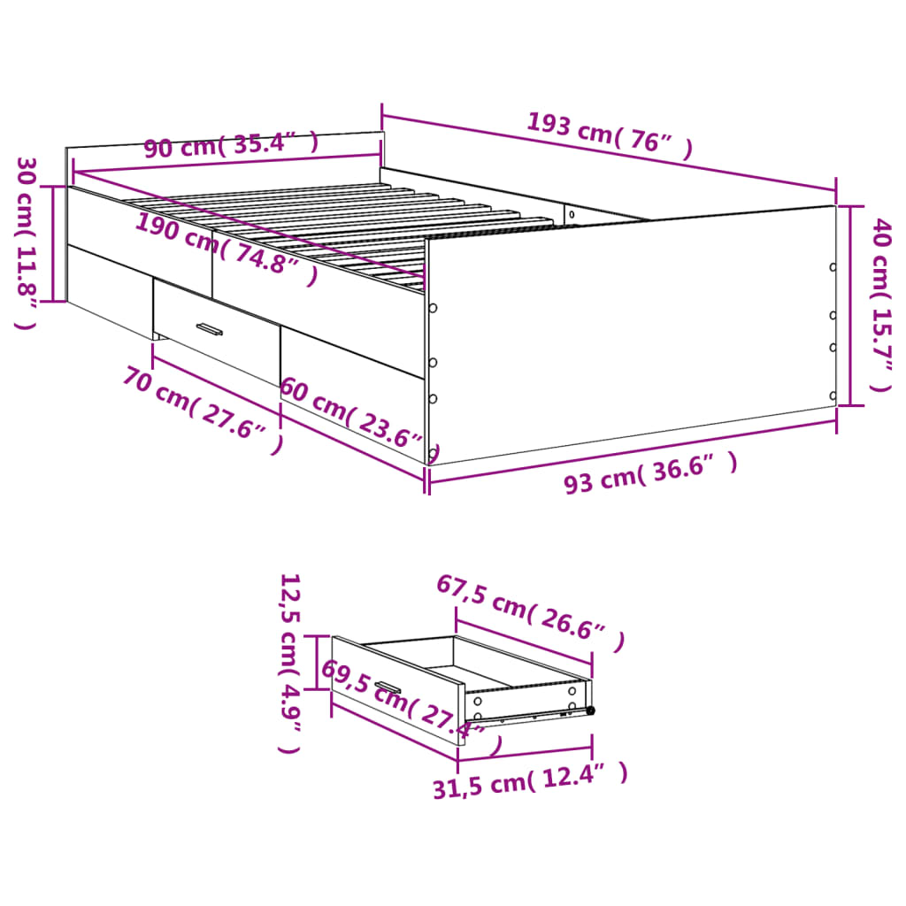 Giroletto con Cassetti Bianco 90x190 cm in Legno Multistrato | homemem39