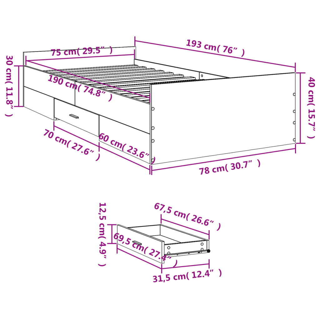 Giroletto Cassetti Rovere Sonoma 75x190 cm Legno Multistrato | homemem39