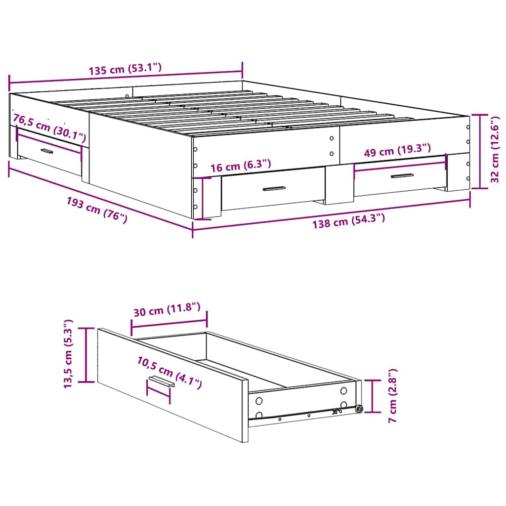 Giroletto con Cassetti Rovere Fumo 135x190 cm Legno Multistrato | homemem39