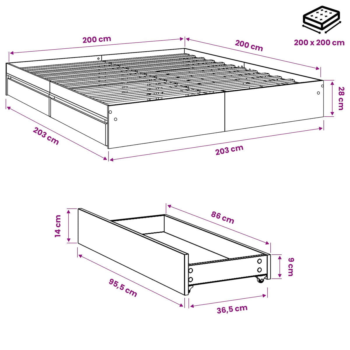 Giroletto con Cassetti Nero 200x200 cm in Legno Multistrato