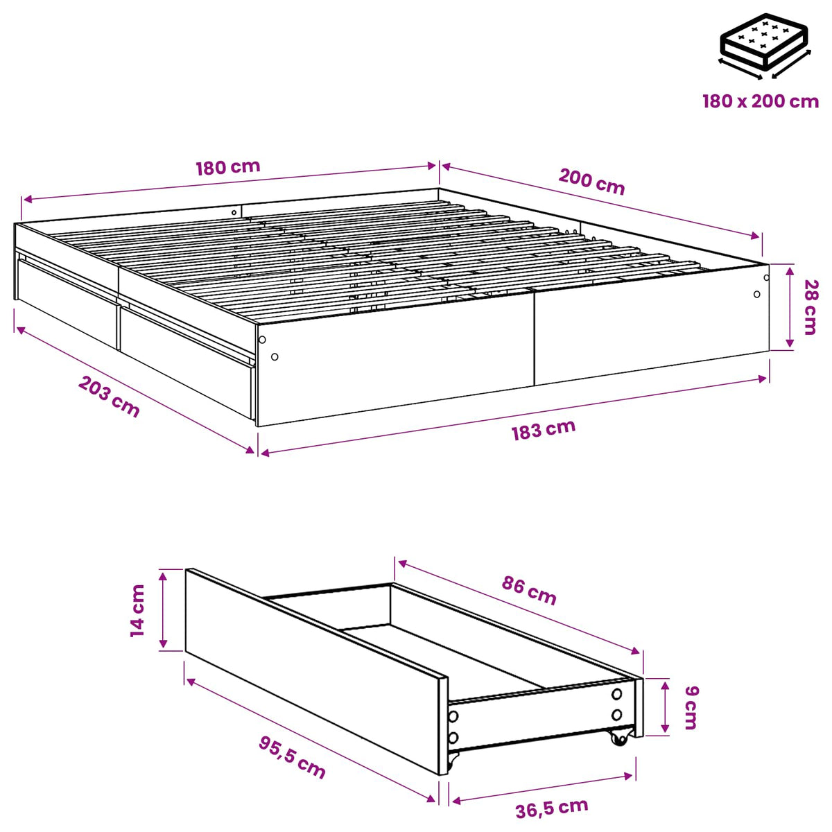 Giroletto con Cassetti Bianco 180x200 cm in Legno Multistrato