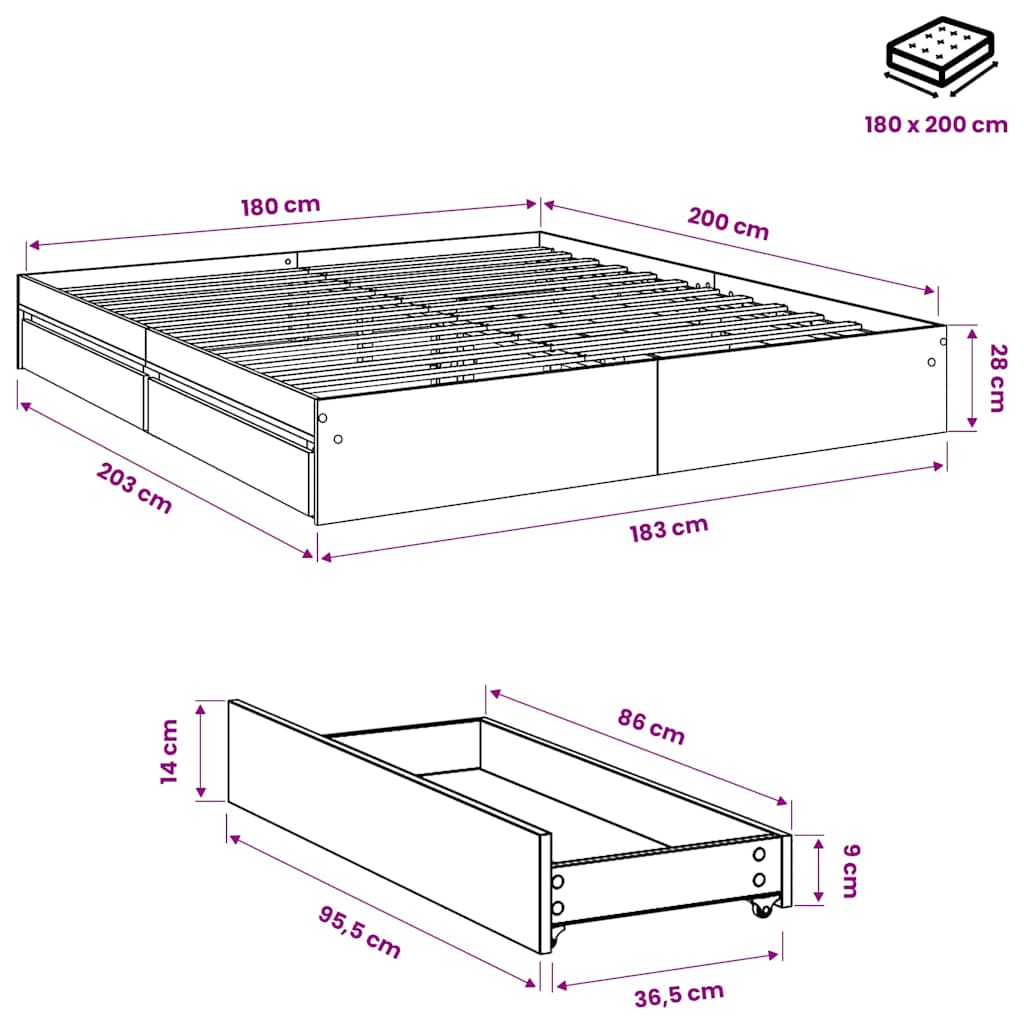 Giroletto Cassetti Grigio Cemento 180x200 cm Legno Multistrato