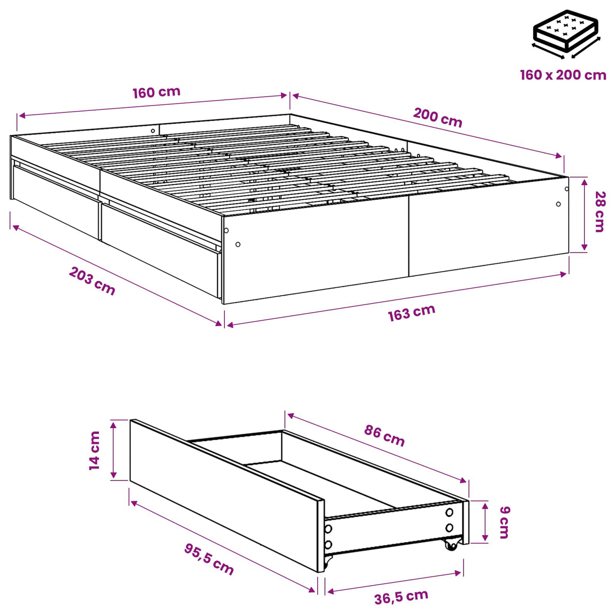 Giroletto Cassetti Grigio Sonoma 160x200 cm Legno Multistrato