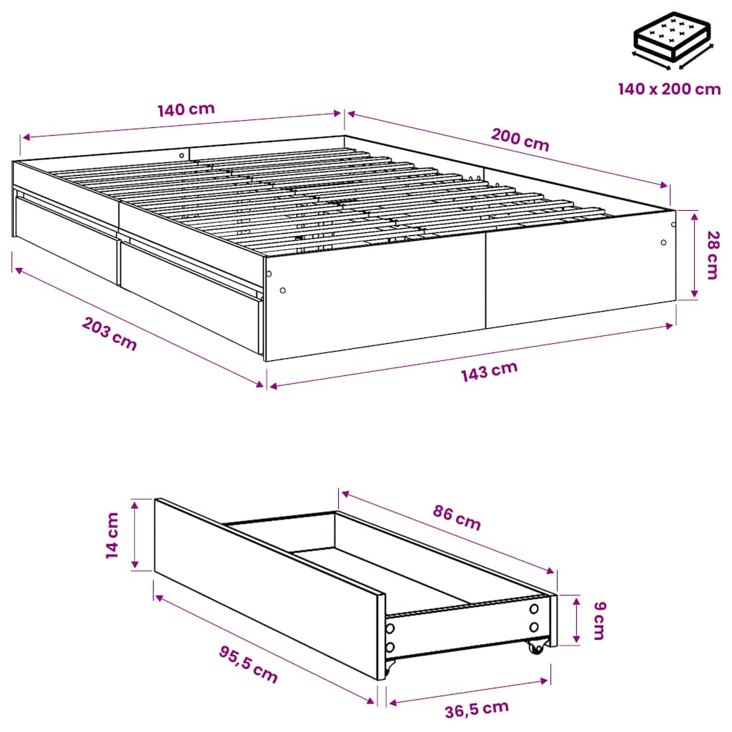 Giroletto Cassetti Rovere Sonoma 140x200 cm Legno Multistrato