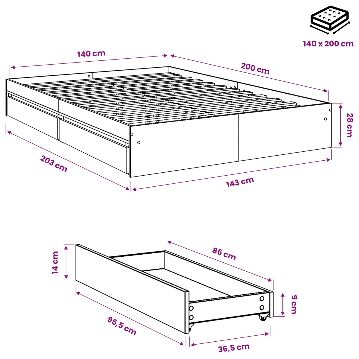 Giroletto Cassetti Rovere Sonoma 140x200 cm Legno Multistrato