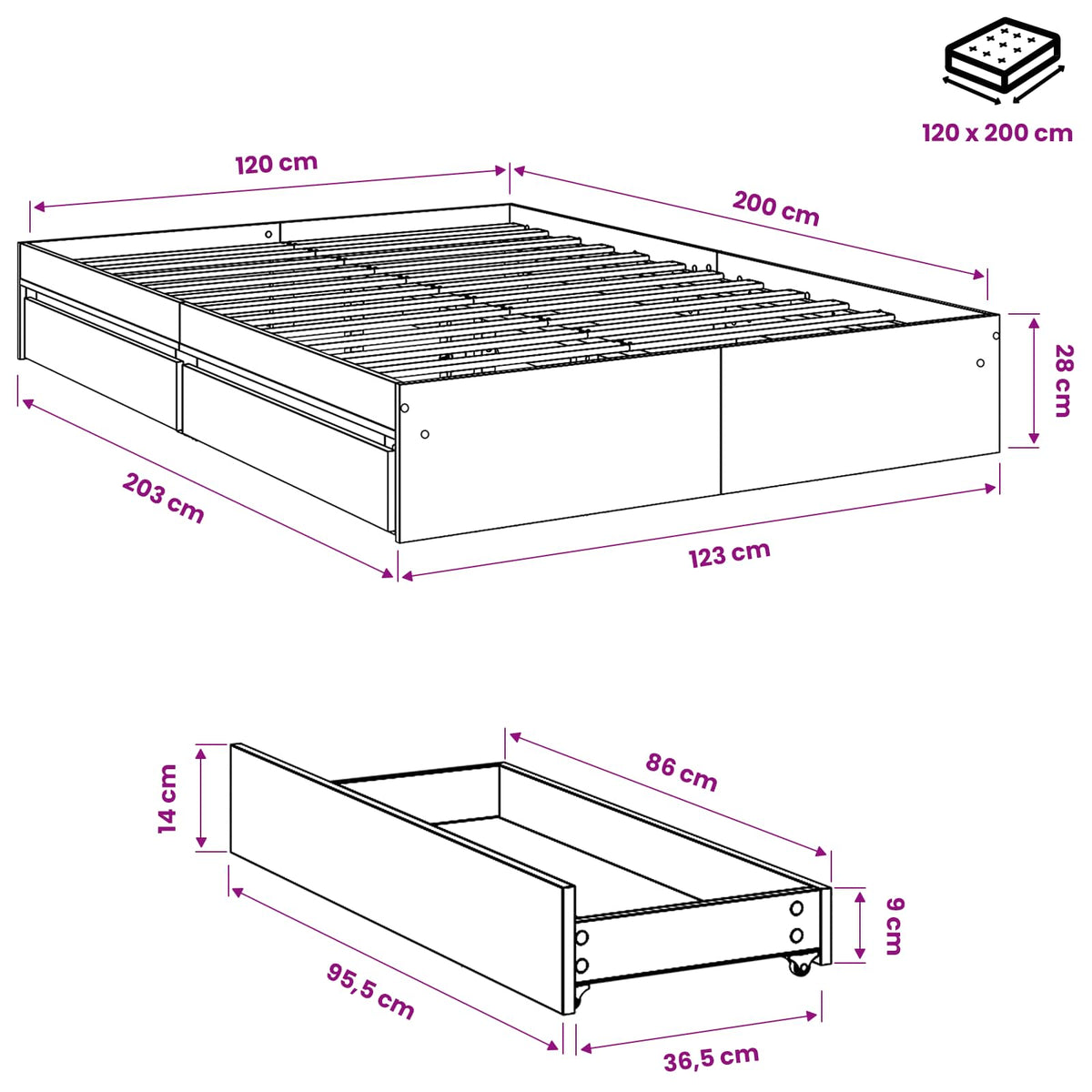 Giroletto Cassetti Rovere Sonoma 120x200 cm Legno Multistrato