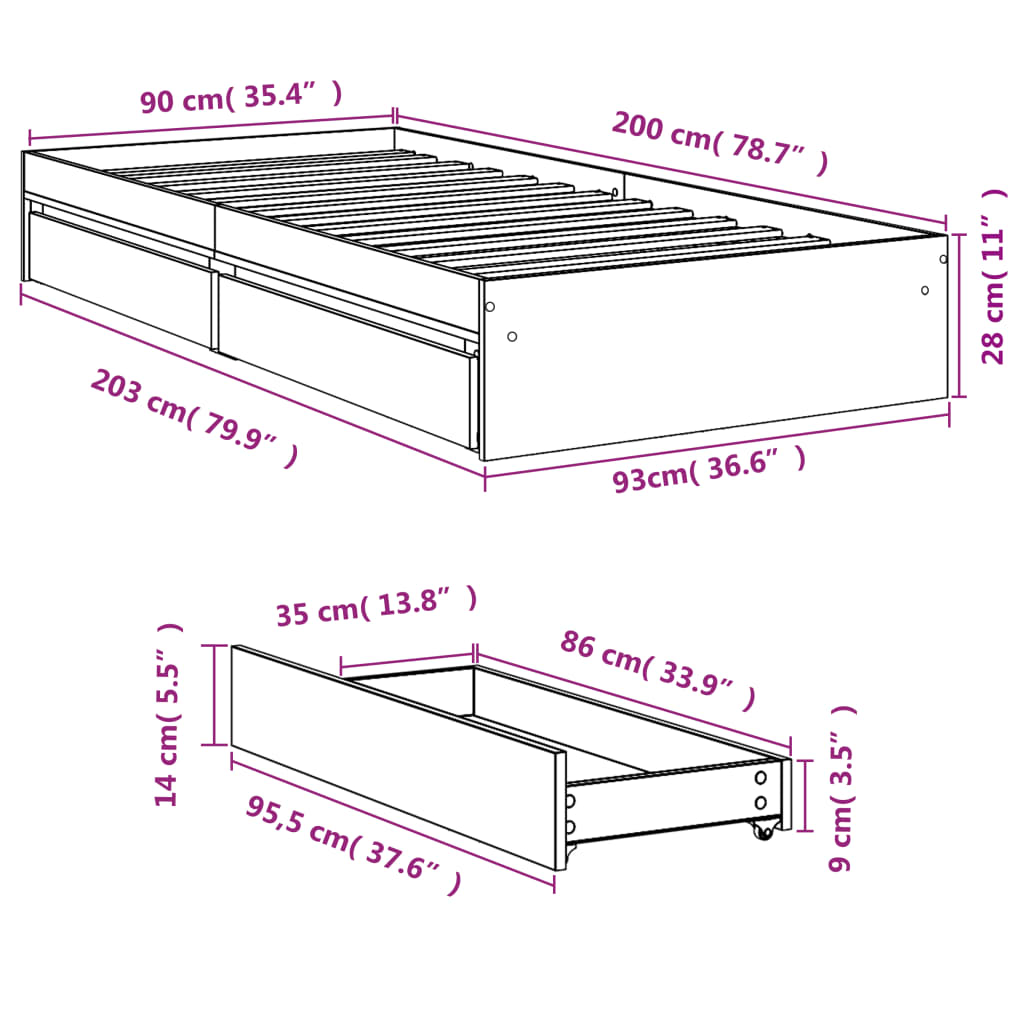 Giroletto con Cassetti Bianco 90x200 cm in Legno Multistrato | homemem39