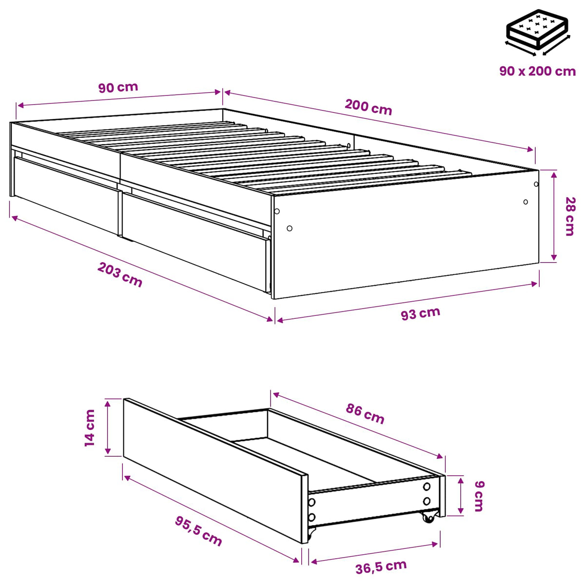 Giroletto con Cassetti Rovere Fumo 90x200 cm Legno Multistrato