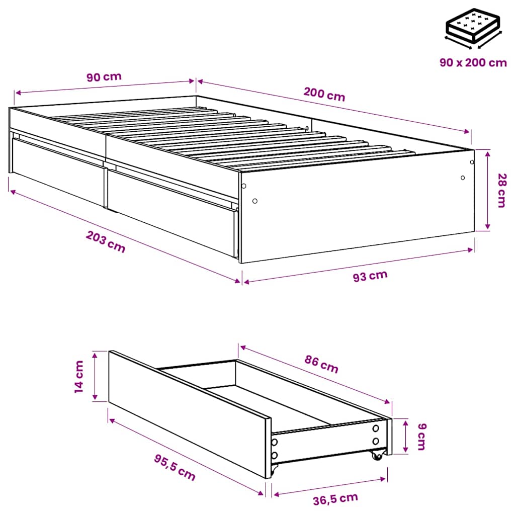 Giroletto Cassetti Grigio Sonoma 90x200 cm Legno Multistrato
