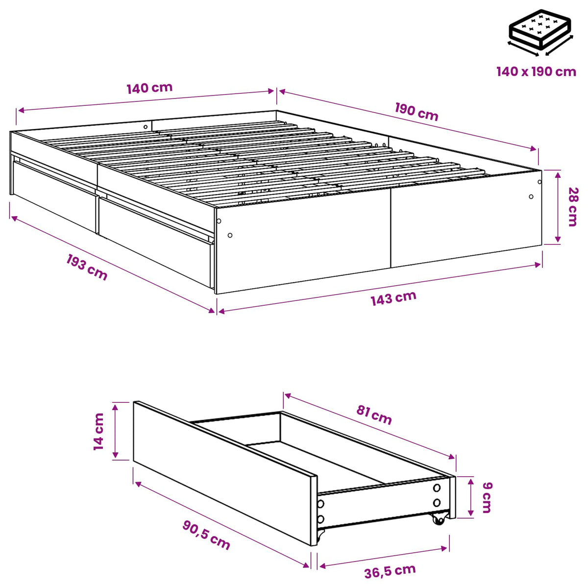 Giroletto Cassetti Rovere Sonoma 140x190 cm Legno Multistrato