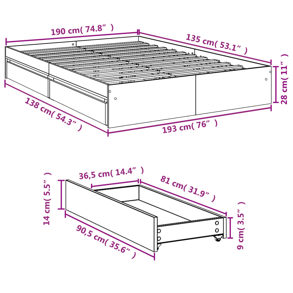 Giroletto con Cassetti Rovere Fumo 135x190 cm Legno Multistrato | homemem39