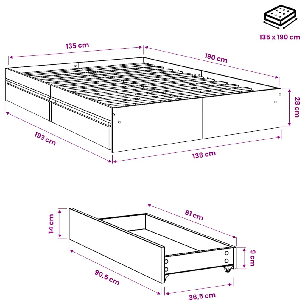 Giroletto con Cassetti Rovere Fumo 135x190 cm Legno Multistrato