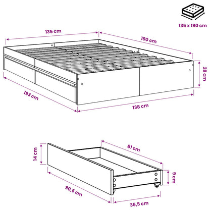 Giroletto con Cassetti Rovere Fumo 135x190 cm Legno Multistrato