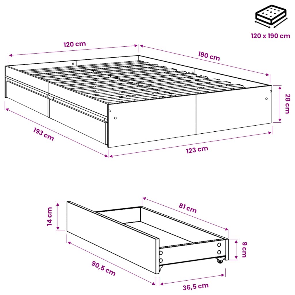 Giroletto Cassetti Rovere Sonoma 120x190 cm Legno Multistrato