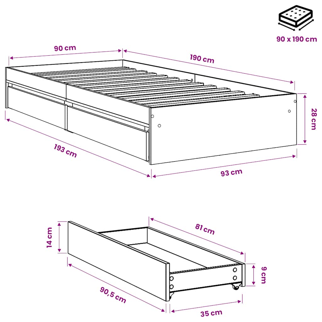 Giroletto con Cassetti Bianco 90x190 cm in Legno Multistrato