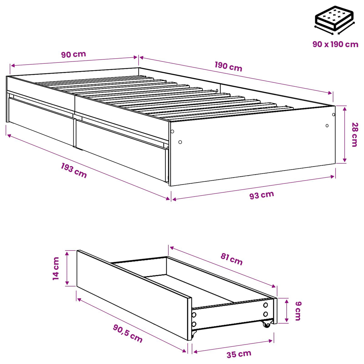 Giroletto con Cassetti Bianco 90x190 cm in Legno Multistrato